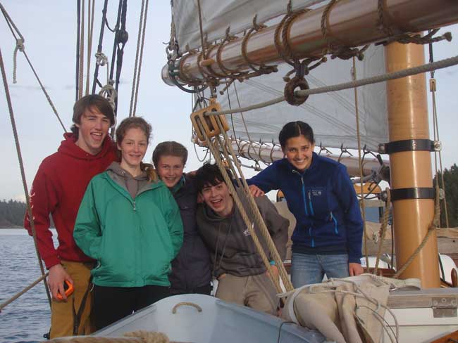 Jonathan Parent, Chloe Dawson, McKenzie Ginther, Sean Westlund and Anda Yoshina. This years PT High School Sailing Team returning from Orcas on the team bus. 