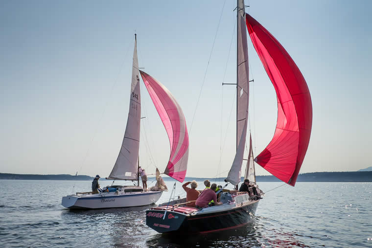 Tight racing as THATUNA and RAVEN reach off to the next mark. 2014 Night Cap Series, Race 2. Photo by Craig Wester